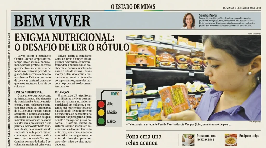 Composição com páginas do caderno Bem Viver sobre rotulagem nutricional.