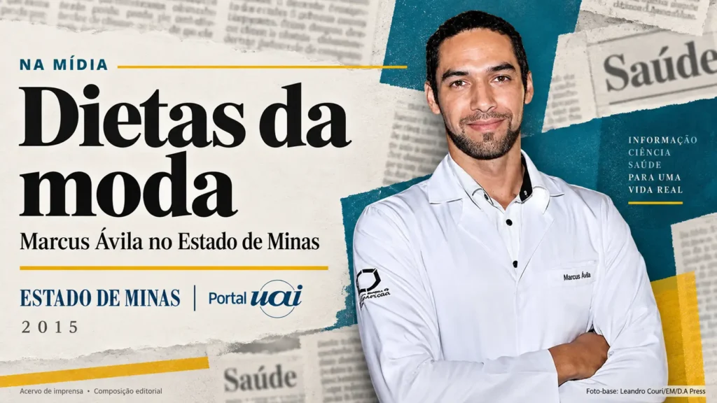 Marcus Ávila em composição editorial sobre dietas da moda e participação no Estado de Minas em 2015.
