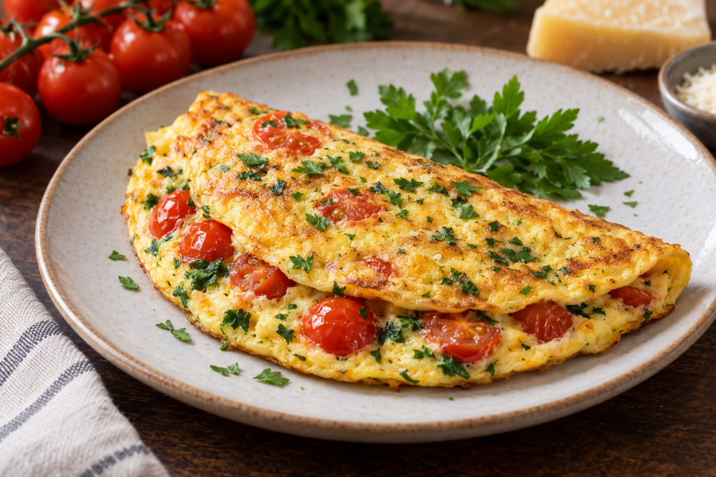 Omelete dourada com tomates-cereja, salsinha e queijo parmesão.