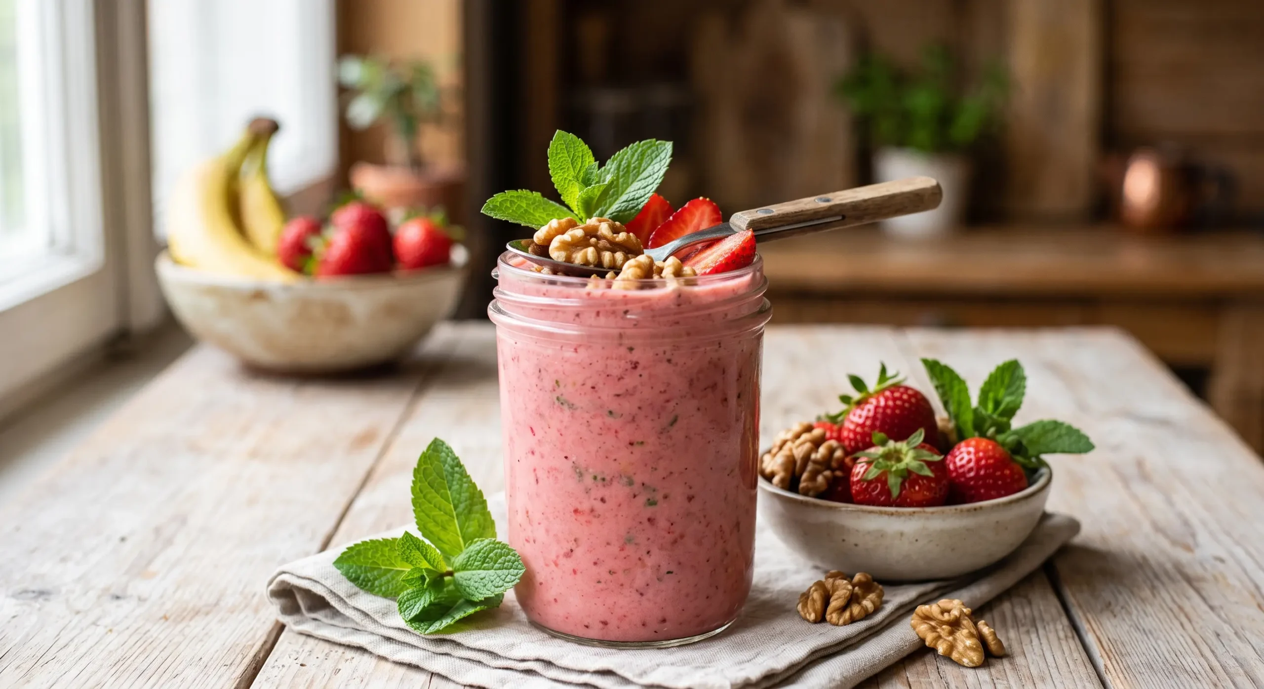 Smoothie proteico de morango, banana e hortelã com nozes e morangos frescos.