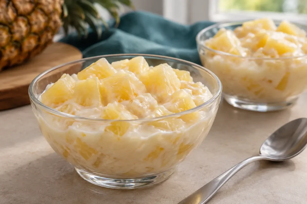 Taças de delícia de abacaxi gelado com pedaços da fruta envolvidos em creme.