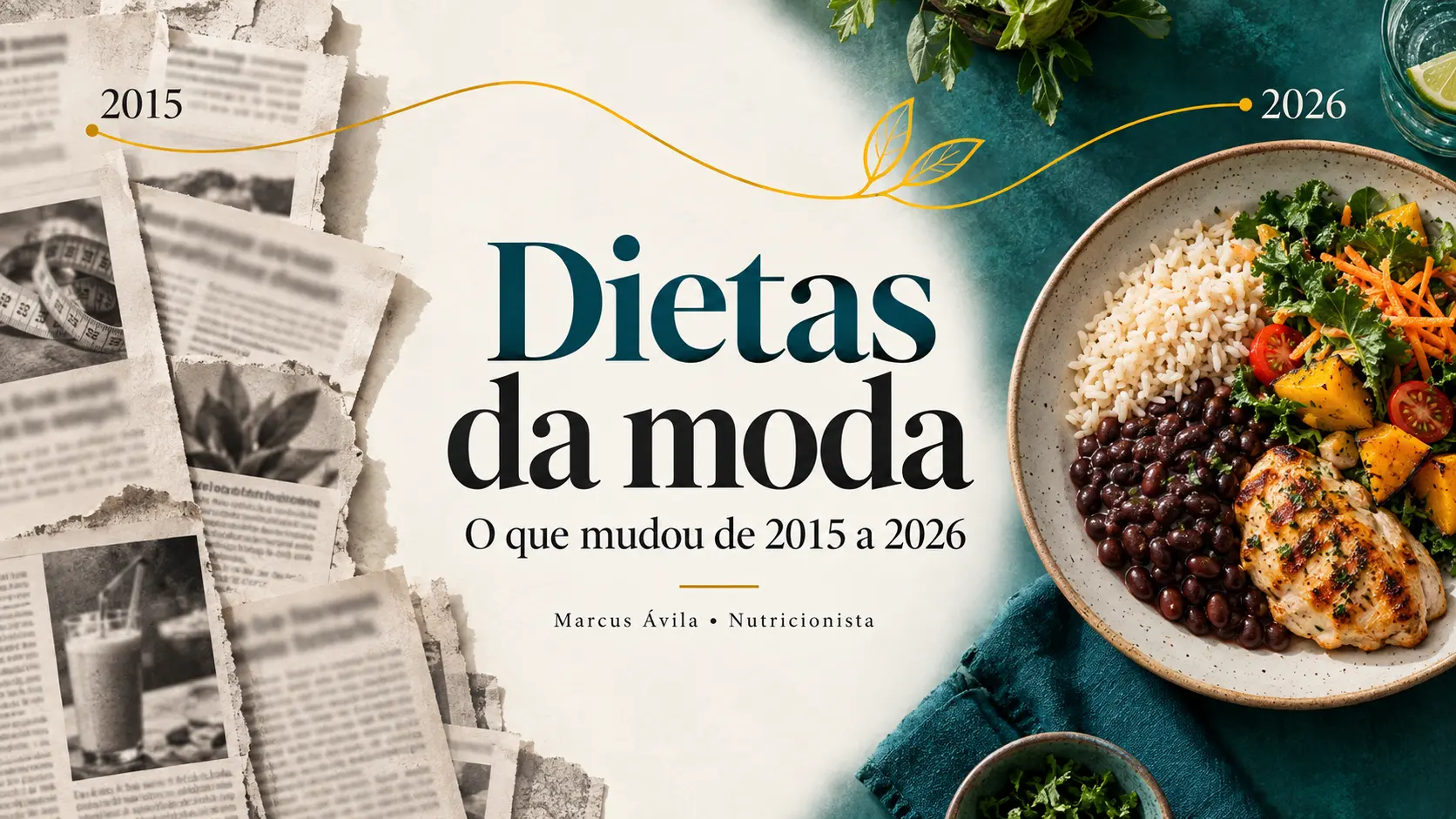 Composição editorial sobre dietas da moda, conectando a reportagem de 2015 ao contexto de 2026.