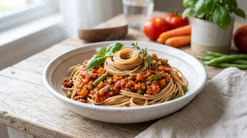 Prato fundo com espaguete à bolonhesa light preparado com massa integral, molho de carne moída magra e pequenos pedaços de vegetais frescos como cenoura e vagem.