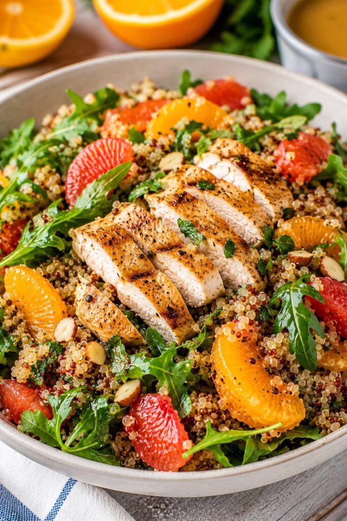 Salada moderna de frango grelhado e quinoa cítrica.